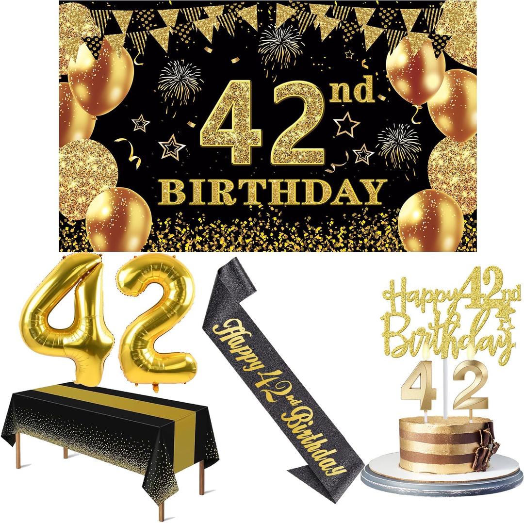 42nd Birthday Decorations Men Women with 42nd Birthday Banner, Black and Gold Table Cloth, Number Balloons, Large Sash, Cake Topper and Candles