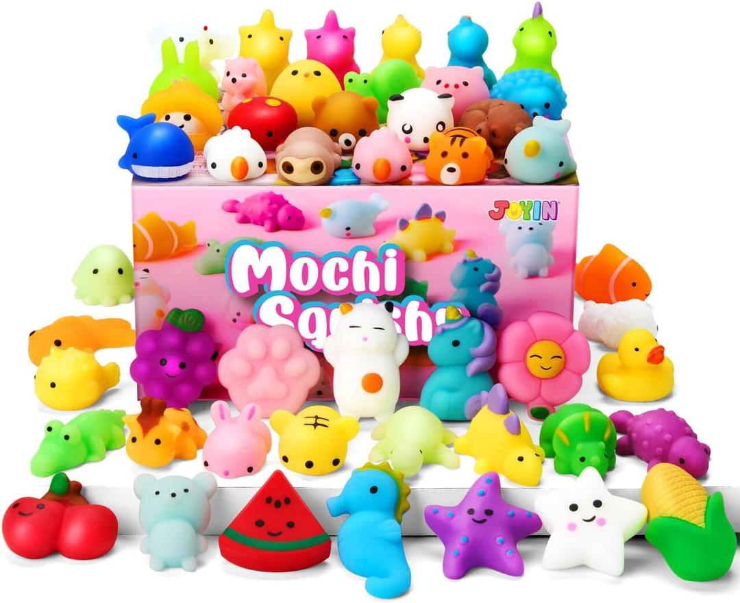 JOYIN Mochi Squishy Toy Set, 50 Pack Mini Squishy Mochi, Party Favors for Kids, Kawaii Stress Relief Toys, Basket Stuffers, Goodie Bags Fillers, Birthday Gifts, Classroom Prizes