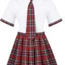 Women School Girl Outfits Set School Girl Costume Top With Mini Pleated Skirt (White, XL)