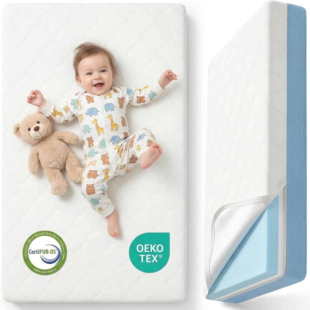 Dual Sided Baby Crib Mattress, 5 Inch Thick Soft & Firm Memory Foam Breathable Toddler Mattress, 4 in1 Standard Baby Bed Mattresses with Removable Washable Cover 52x27.6x5 - Blue, 52"L x 28"W x 5"Th