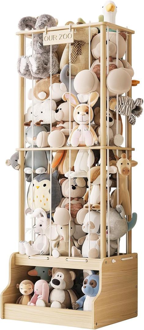 EXPERLAM Stuffed Animal Storage, Wood Stuffed Animal Zoo with Toy Chest, Vertical Stuffed Animal Holder with Thicker Elastic Band, Plushies Storage for Playroom, Living Room, Nurseryroom, Bedroom