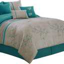 Chezmoi Collection Noriko Luxury 7-Piece Teal Cherry Blossoms Floral Embroidery Bedding Comforter Set, King