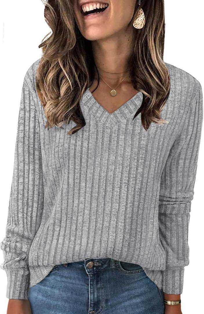 NORACORA V Neck Long Sleeve Shirts for Women Casual Fall Fashiion Tops Lightweight Tunic Sweaters Trendy 2025 (Gray, L)