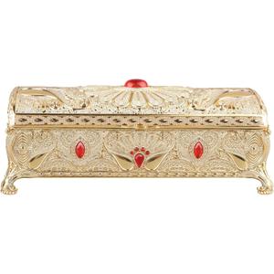 Tyenaza Vintage Jewelry Box, Carved Elegant Gold Colorfast Alloy Soft Velvet Lining Trinket Storage Box for Dressing Table Shelf Party Wedding