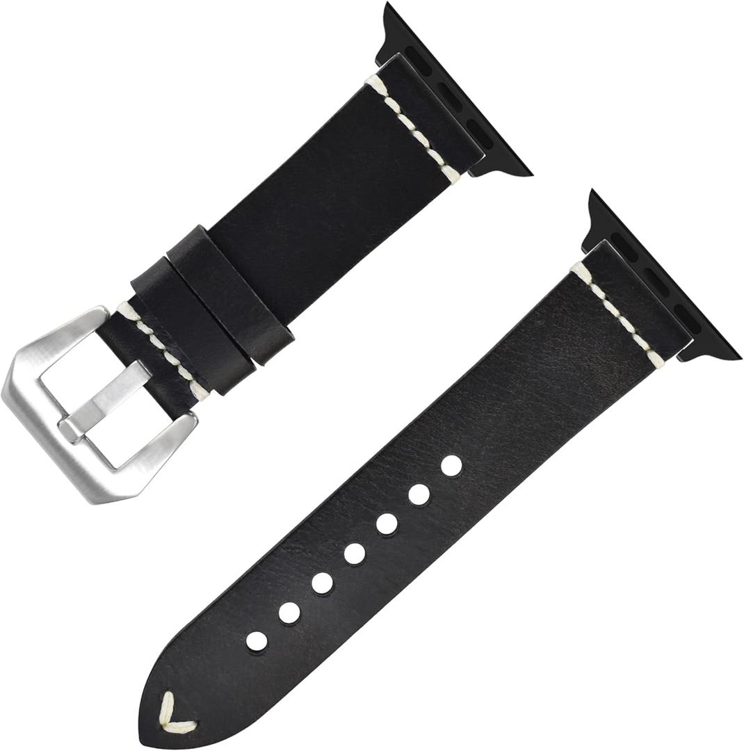 Leather Strap,Soft Oil Wax Belt Band with Unique Buckle for Apple Watch Series 10/9/Ultra 2/SE/8/7[2024] (46mm/45mm/44mm/49mm,Black)