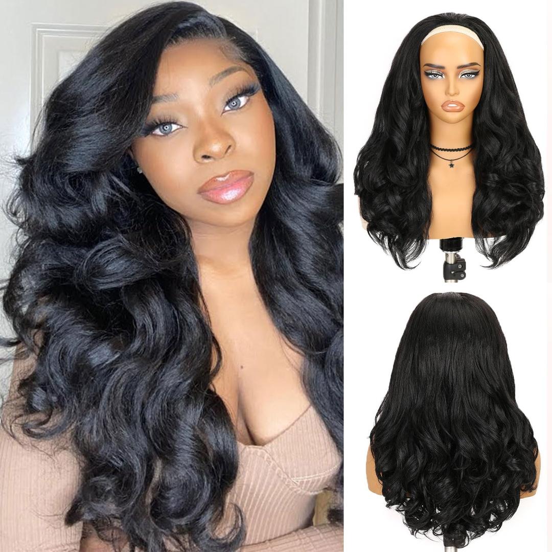 FANCEE Yaki Curly Half Wig Loose Curly Synthetic Kinky Straight Wig With Curly End for Black Women DIY Hair Style (Black, 22)