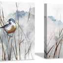 Bird Wall Art, Blue Watercolor Canvas Picture with Reeds, Set of 2 16"x16", 16" x 16" x 2panels