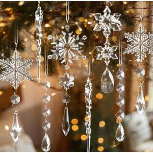 Crystal Christmas Ornaments for Tree Decorations-Hanging Acrylic Snowflake Icicle Ornaments with Drop Pendants for Winter Wonderland Chandelier Crystals Decorations Supplies