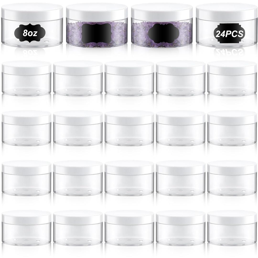 Dandat 24 Pcs 8 oz Plastic Jar Container with Lid and Label Refillable Empty Round Clear with White PET Cosmetic Sample Slime Containers for Lotion, Cream, Ointment, Body Butter, Makeup Travel Storage