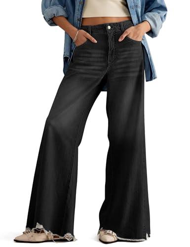 PHISOCKAT Women's Wide Leg Baggy Jeans Mid-Rise Loose Flare Jeans with Frayed Hem Stretchy Denim Pants with Pockets Y2K Black, 10