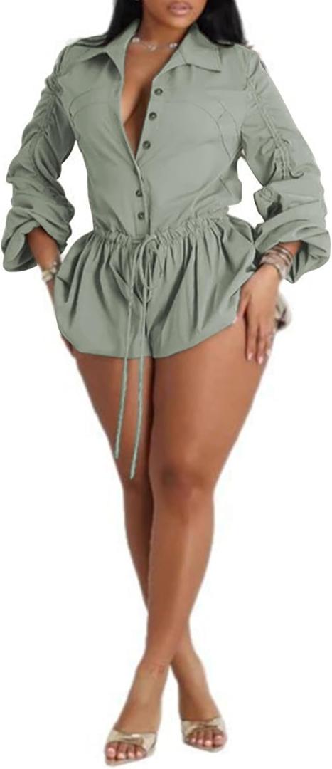 Famnbro Womens Summer Rompers Long Sleeve V Neck Drawstring Bubble Short Cute Jumpsuit One Piece Club Outfits (Large, Grey)