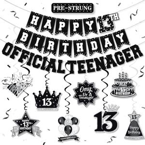 13th Birthday Decorations for Boys Girls Black White, Pre-Strung Official Teenager Happy 13th Birthday Banner Backdrop Hanging Swirls, 13 Years Old Birthday Party Sign Decor Supplies Kit