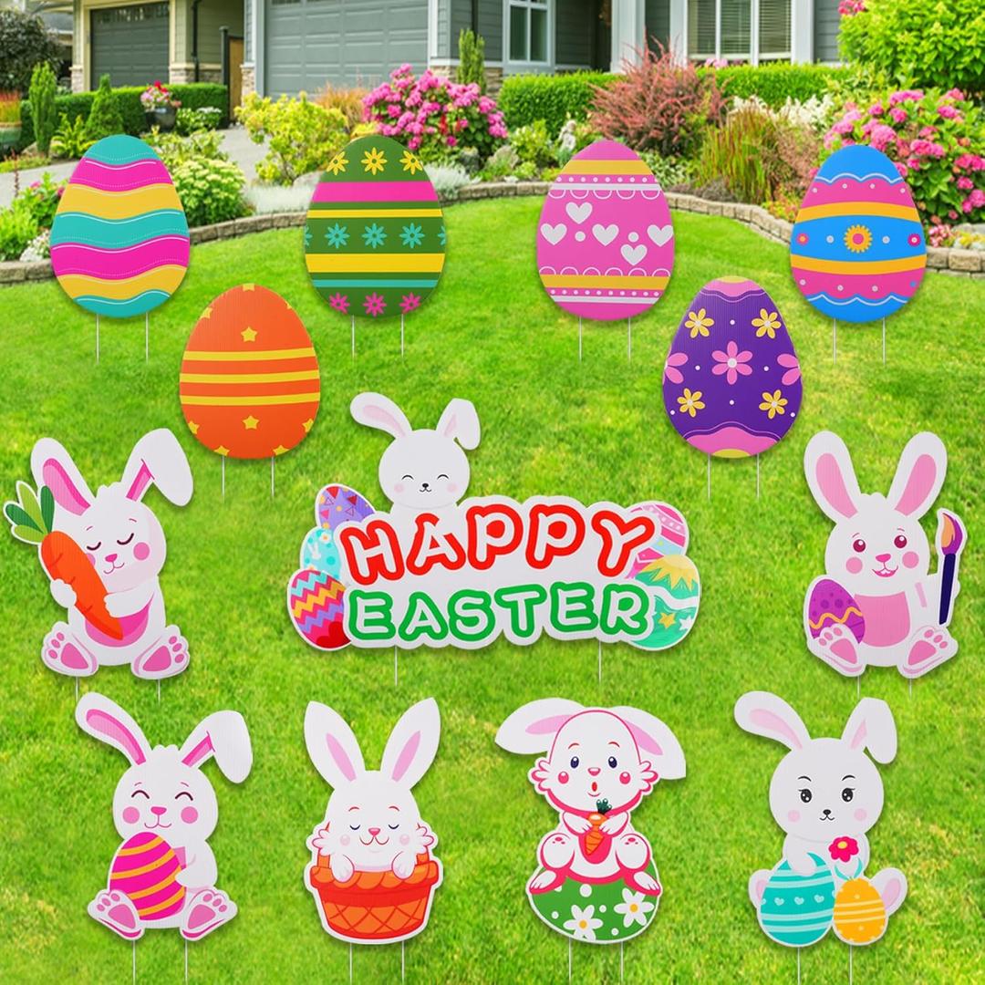 Onory 13 PCS Easter Yard Signs Outdoor Decorations Easter Eggs Bunny Yard Signs With Stakes Easter Lawn Yard Decorations for Easter Hunt Game, Easter Party Supplies Easter Props Dcor
