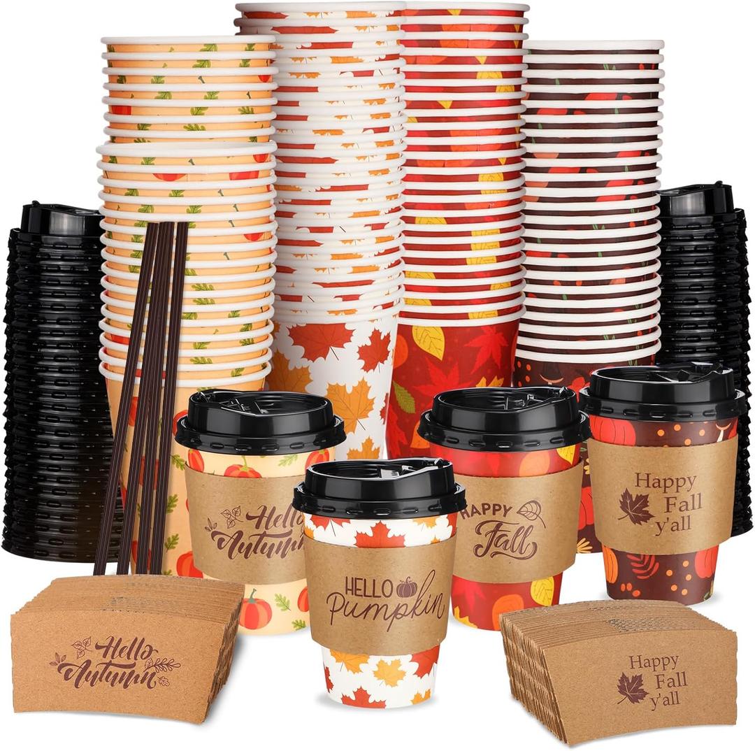Jingmore 100 Set 12 oz Winter Christmas Hot Coffee Cups Disposable with Lids and Sleeves Hot Cocoa Cups for Winter Christmas Thanksgiving Birthday Party Supplies (Maple Leaf, Black)