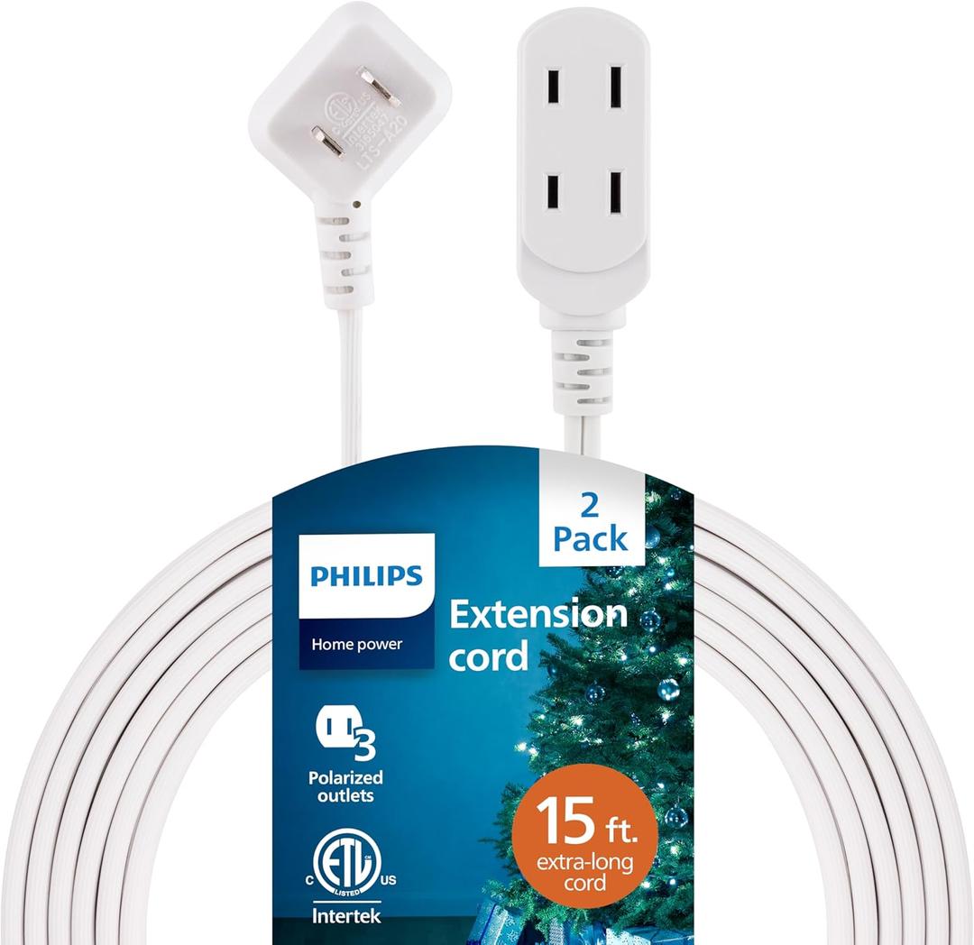 Philips 2-Pack Indoor Extension Cord Power Strip 15 ft, Flat Plug with Multiple Outlets, 2 Prong, White, ETL Listed, SPS3185W/37