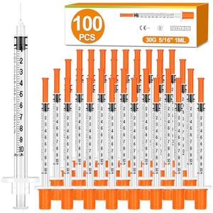 100 Pack 1ml Syringes with Needle-30Ga 5/16 Inch, Individually Sealed Packaging
