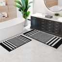 Bathroom Rugs Set 2 Piece, Extra Soft and Absorbent Fluffy Striped Chenille Bath Mat Rug Set, Non Slip Bathroom Floor Mat, Machine Washable (21" x 47" Plus 20" x 32", Black)