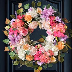 22-inch Pink Front Door Wreath Spring Artificial Rose Wreath Spring Summer Front Door Hallway Indoor Outdoor Decorative Festive Wedding Decorative