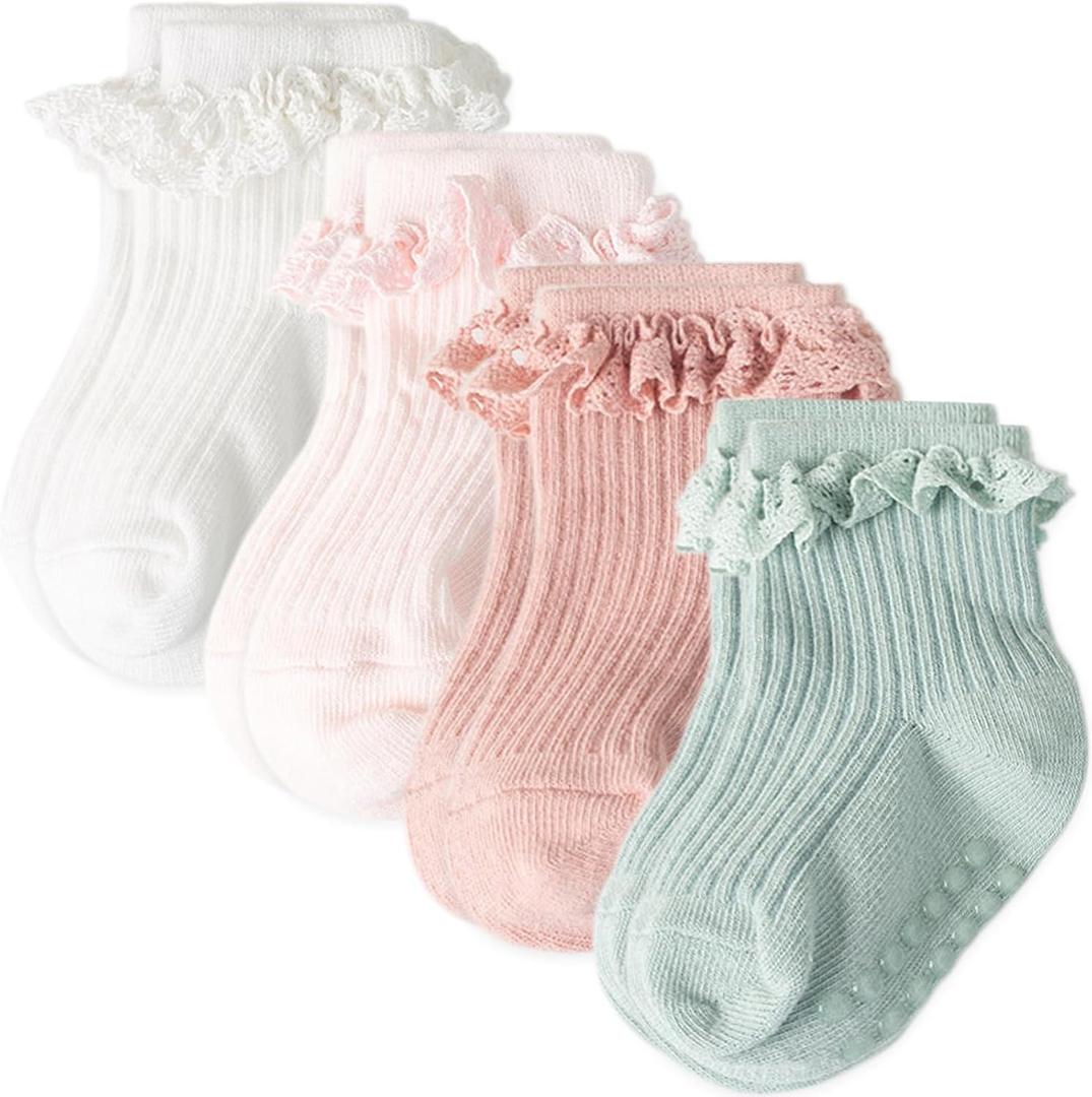 AQOKKA Baby Girl Toddlers Socks with Non-slip Grip Cute Frilly Ruffle Ankle Soft Cotton Newborn Baby Socks for Infant Kids, Size: 0-6 Months