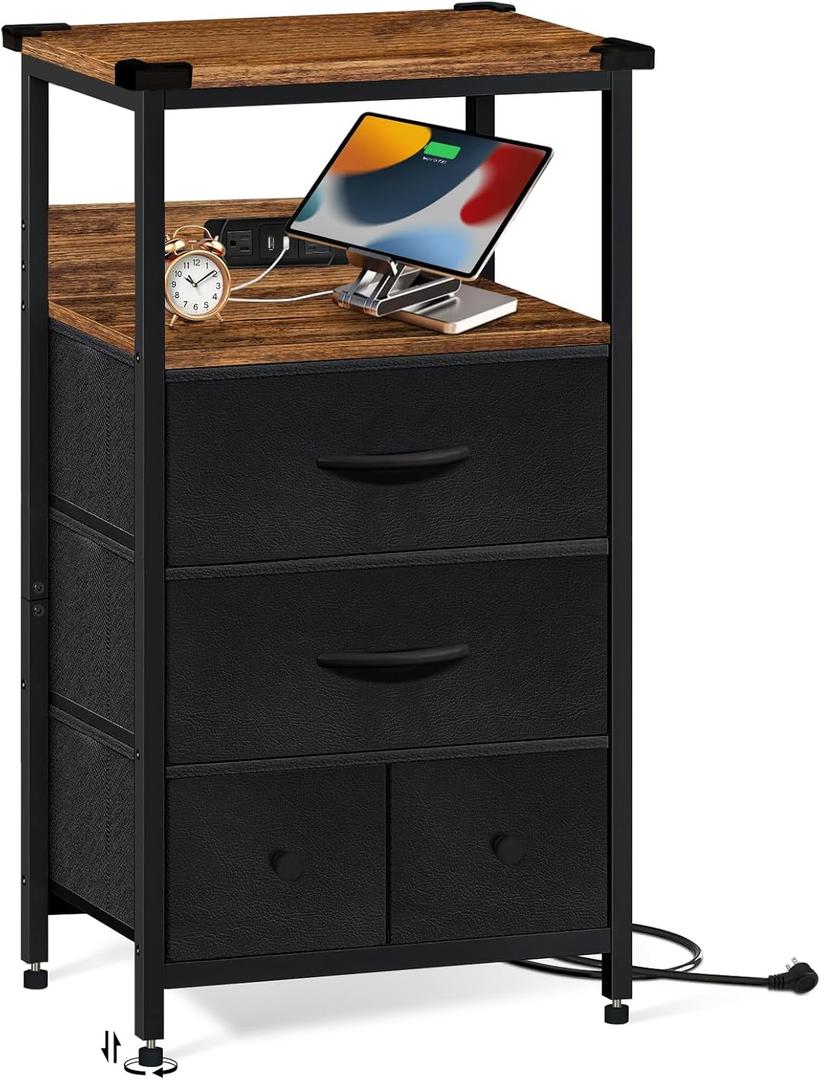 Night Stand, Bedside Table, Adjustable Leveling Dorm Nightstand with 4 Drawers Storage, End Table with Corner Protectors, Nightstand with Charging Station, 4-TiersRustic Brown, 15.75 Inch