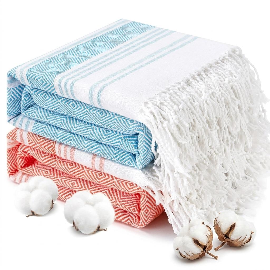 2 Packs Oversized Cotton Turkish Beach Towels Set Bulk 74"x38" Extra Large Sand Free Quick Dry Clearance Swim Bath Camping Pool Towel Travel Blanket Adult Cruise Essentials Accessories Red Blue