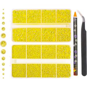 6540PCS Lemon Yellow AB Resin Flat Back Pearls Rhinestones,Mixed Size 2/3/4/5/6/8/10mm Half Round Pearl Beads Nail Gems Rhinestone with Tweezers and Picker Pencil for Crafts Nail DIY Decoration