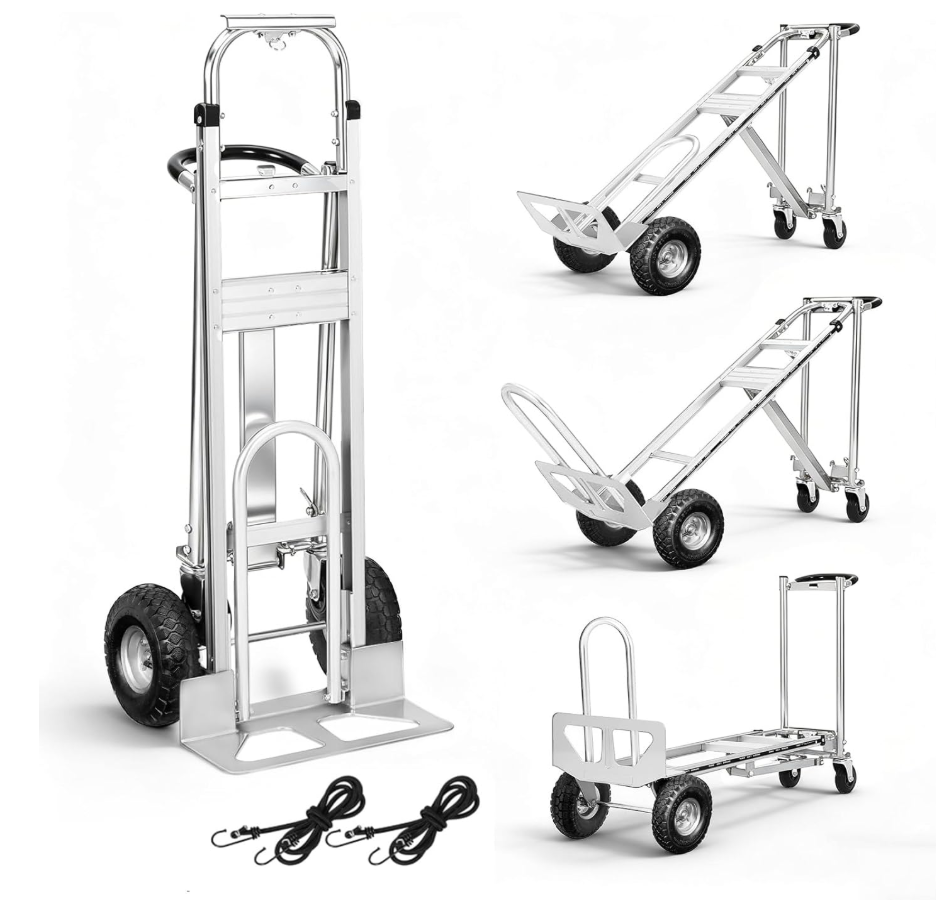 Aluminum 4 in 1 Convertible Hand Truck Dolly, 1000Lbs Capacity, Heavy Duty Folding Hand Truck Dolly Cart with Wheels 10" All-Terrain Tires, Hand Trucks for Logistics, Home, Office, School, Silver