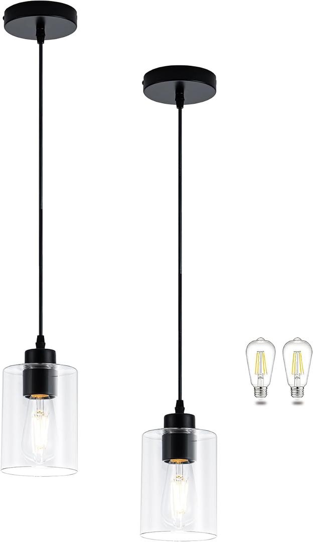 MAYNA 2 Pack Black Pendant Lights Kitchen Island, Mini Pendant Light Fixture with Clear Glass Shade, Adjustable Cord Industrial Farmhouse Hanging Ceiling Lamp for Dining Room, Sink, Bar(Bulb Included)