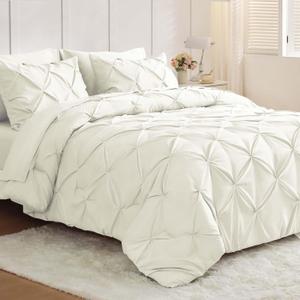 JOLLYVOGUE California King Comforter Set 7 Pieces - Bed in a Bag Cal King for All Season, Pintuck Bedding Comforter Sets with Comforter, Flat Sheet, Fitted Sheet and Pillowcases & Shams, Ivory