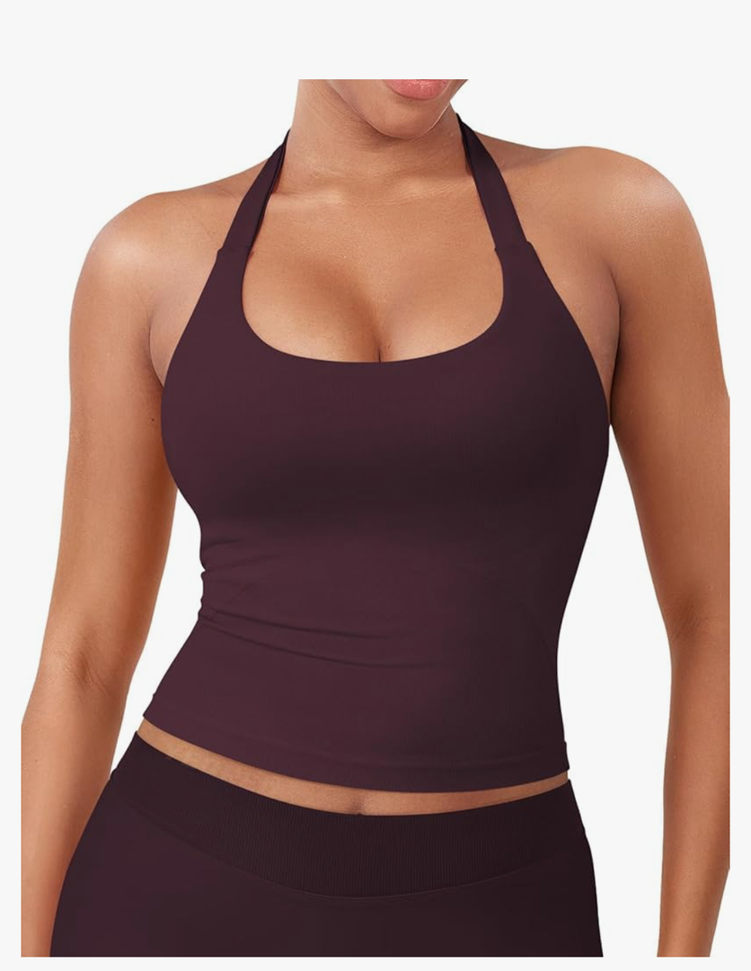 Women's Impact Halter Tank Top Longline Backless Scoop Neck Built-in Bra Sports Workout Gym Crop Top,XS