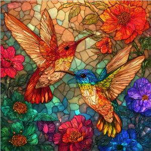 Ixfyloop Hummingbird Wooden Puzzle for Adults, Stained Glass Jigsaw Puzzles, Flower Bird Adult Puzzle 200 Pieces, Challenge Art with Puzzle Box, Gifts for Games Family 11.2 x 11.2 inch (Small)