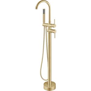 Aolemi Floor Mount Bathtub Faucet Freestanding Tub Filler Standing High Flow Shower Faucets Shower Mixer Taps, Swivel Gooseneck Spout with Cylinder Handheld Brushed Gold