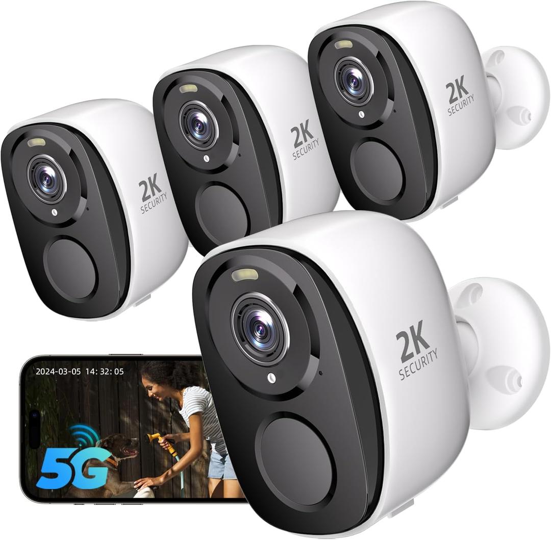 Rraycom 4PC 2.4G/5GHz Security Cameras Wireless Outdoor,2K Battery Home Security Camera with AI Detection,Siren, WiFi Home Indoor Camera, Color Night Vision,2-Way Talk,IP65, Cloud/SD, Works w/Alexa