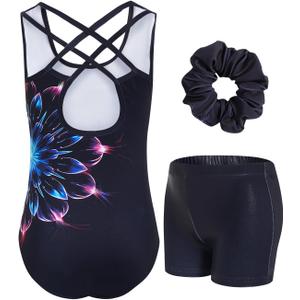 JiAmy Gymnastics Leotards for Girls with Cross Back Sparkly Dance Unitards with Shorts Biketards Outfit for 8-9 Years (Black)