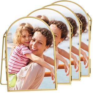 Vicenpal 4 Pcs 4 x 6 Inch Double Glass Frame for Pressed Flowers Vintage Metal Gold Floating Picture Frames Minimal Vertical Arched Photo Stand for Desk Tabletop Display(Gold)