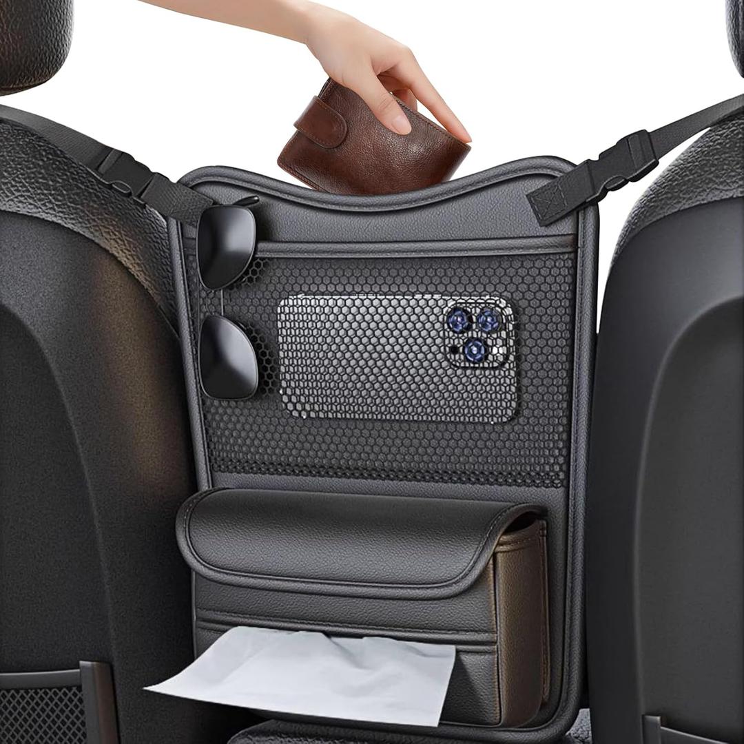 Car Organizer Storage Between Seats, Nappa Leather Headrest Hanging Storage Bag Pocket Purse Holder Snack Holder Automotive Console Organizer for Travel, Driving (Black)