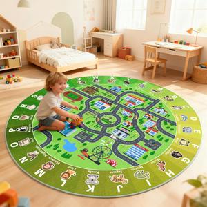 Kids City Road Car Play Rug Round ABC Alphabet Educational Play Mat,47x47'' Non-Slip Town City Map Kids Rug for Bedroom & Playroom Car Play Carpet Track Road Rugs Washable 3'11" (Round)