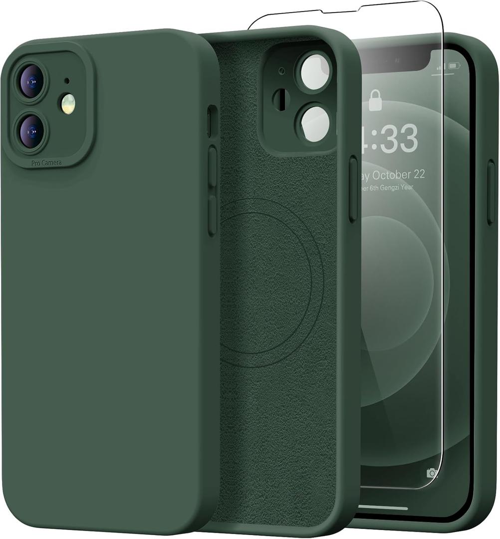 Designed for iPhone 12 Mini Case with Screen Protector - Upgraded Camera Protection - Wireless Charging Compatible - Silicone Protective Phone Case 5.4" for Men Women Girls - Army Green
