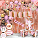 181pcs Rose Gold Baby Shower Decorations, Baby Girl Shower Decorations with Balloon Arch Kit, Baby Boxes, Paper Pom Poms, Fringe Curtains, Sash, Cake Copper