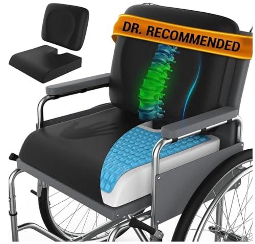 Wheelchair Cushion for Pressure Relief - (2-PIECE Set) 18”x16” Anti-Slip Wheelchair Seat Cushions for Adults, Seniors with Lumbar Pillow and Removable Strap, Gel Cushion for Wheelchair