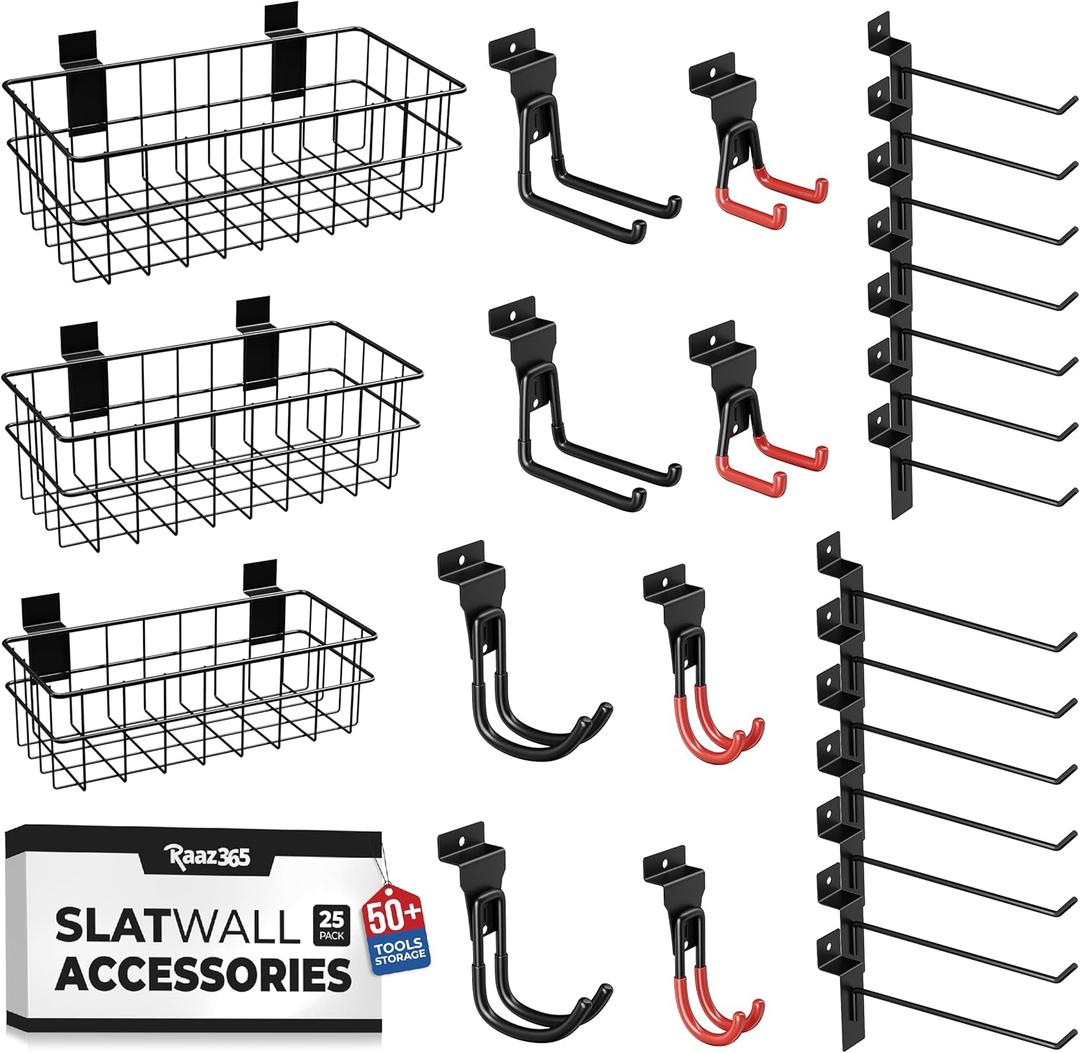 25PCS Slatwall Accessories Kit  22 PCS Slatwall Hooks and 3 PCS Baskets - Slat Wall Accessory with Heavy Duty Slat Wall Hanging Hooks and Standard Slat Wall Hooks for Storage