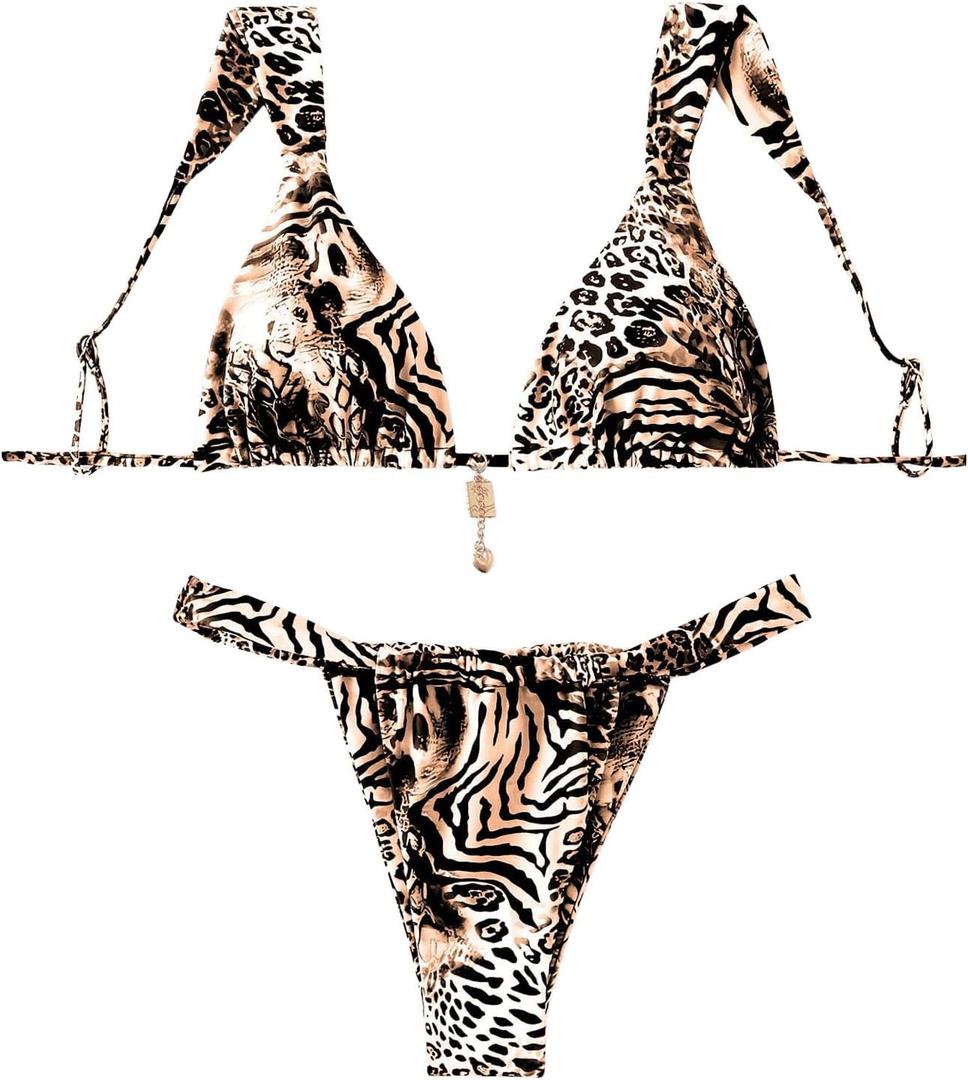 SHENHE Women's Two Piece Swimsuits Triangle V Neck Ruched Brazilian Bikini Set Boho Swimwear (Large, Animal Print Brown)