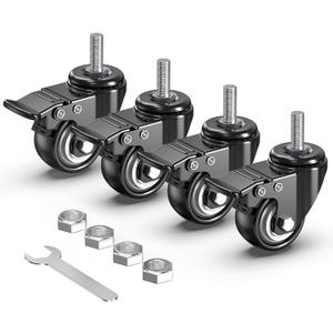 HOLKIE Stem Caster Wheels 2 inch Total Locking Casters Set of 4, Threaded Stem 3/8" -16 x 1 (Diameter 3/8", Length 1") Swivel Heavy Duty Castors Black (Black-With Brake-4 pack)