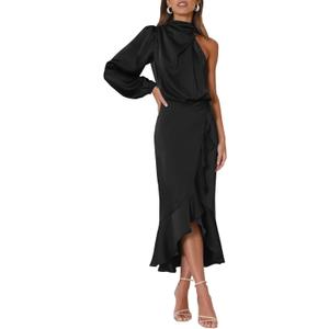 MITILLY Women's Satin Formal One-Shoulder Mock Neck Long Sleeve Bodycon Wrap Mermaid Hem Cocktail Party Maxi Dress New (Medium, Black)