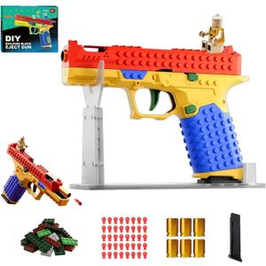 Building Block Toy Gun, Automatic Shell Ejecting Blaster with DIY Fun, Fits Most Building Brick Systems, Includes Figurines & Display Stand, Suitable for 14+