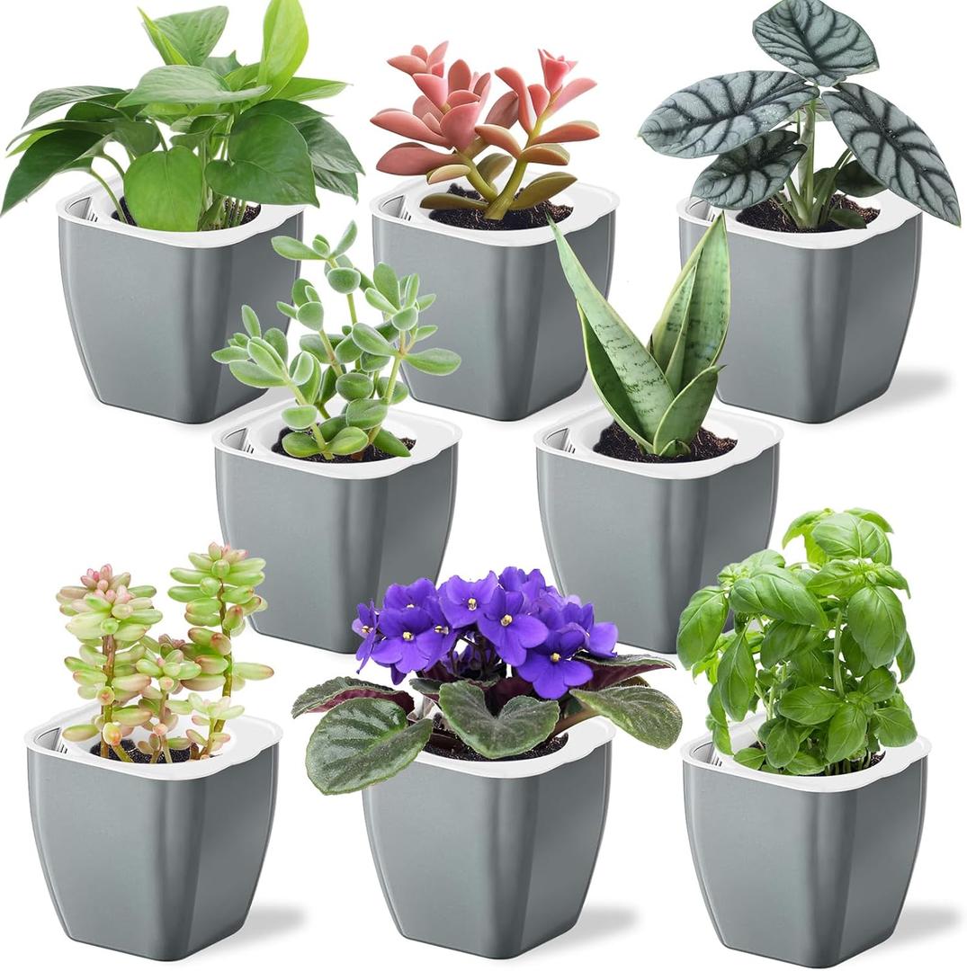 8 Pack 4-inch Plant Pots Indoor Garden Decorative Flower pots Small Self-Watering Planters for Small Plants WindowSill Planters for Succulents, African Violets, Herbs(Sliver Black)