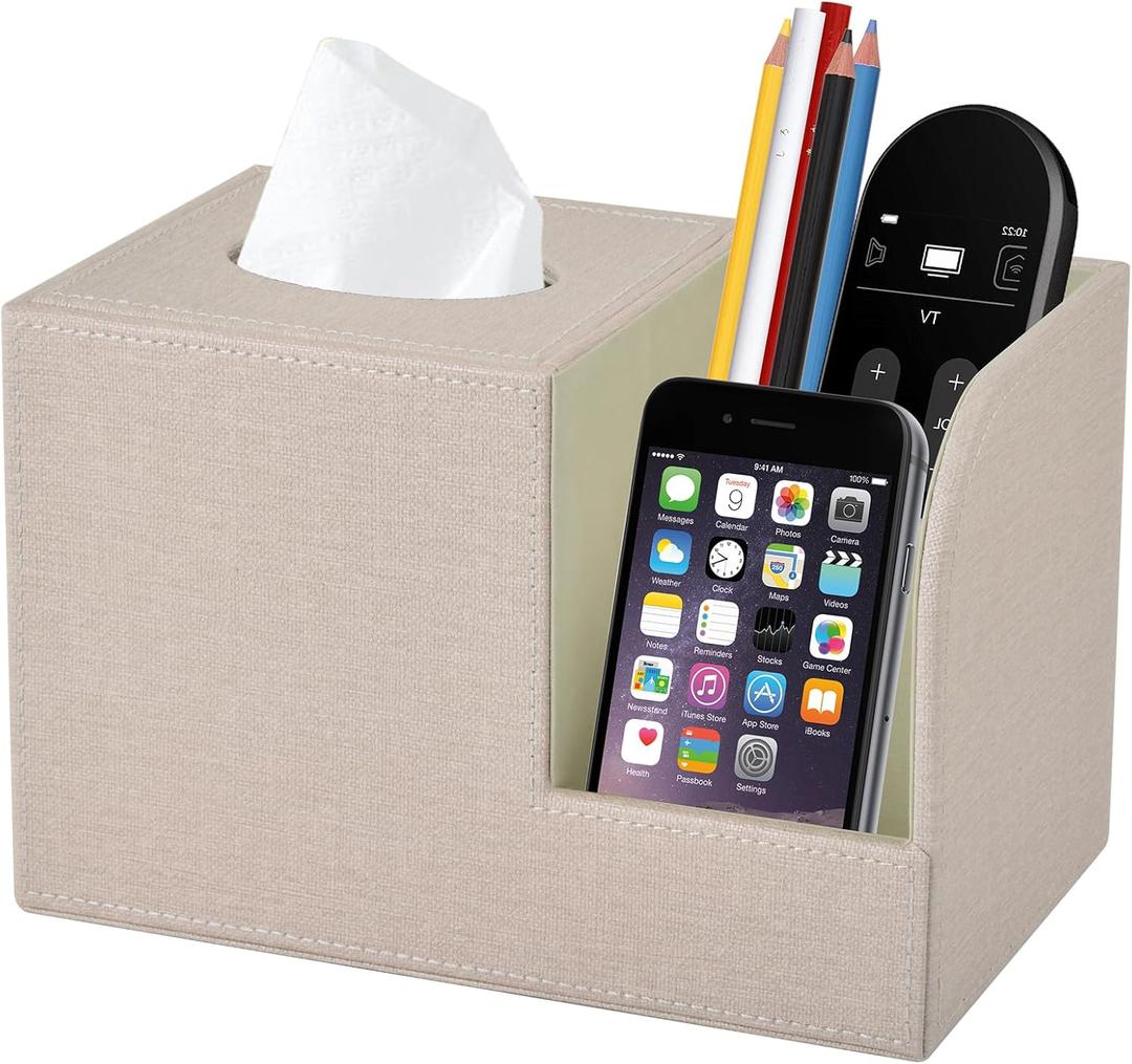 PU Leather Square Tissue Box Cover,Multifunctional Tissue Box Holder,Tissue Box with Storage,Tissue and Remote Control Holder,Tissue Box Decorative Desk Organizer for Home&Office,Beige