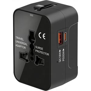 Universal Travel Adapter Worldwide, GaN Fast Charging with PD 3.0 USB-C & USB-A Quick Charge Ports, All-in-One International Power Plug Adapter Converter AC Wall Charger for Europe USA UK AUS Black