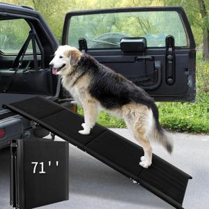 PRETYZOOM Dog Car Ramp 71 Inch Folding Portable Pet Ladder with Wide Non-Slip Steps for Large Dogs Supports up to 300 Lbs Safe Vehicle Access for Cars Suvs Trucks