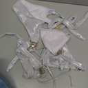 Womens Sexy Triangle Metallic Bikini Set, Crystal Rhinestone Headband Halter Swimsuit, Cheeky Tie Ruched Bathing Suit (Small, Silver White)